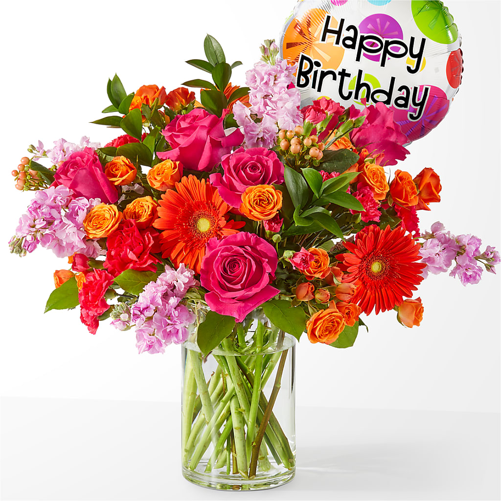 Fiesta Bouquet with Birthday Balloon – Lumaya Florals, Rock Hill SC