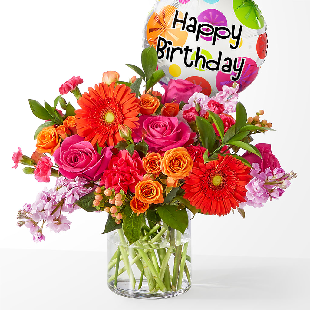 Fiesta Bouquet with Birthday Balloon – Lumaya Florals, Rock Hill SC