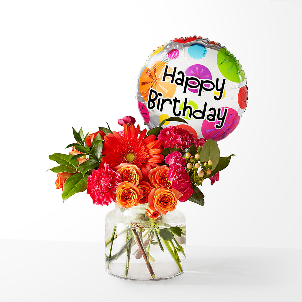 Fiesta Bouquet with Birthday Balloon – Lumaya Florals, Rock Hill SC