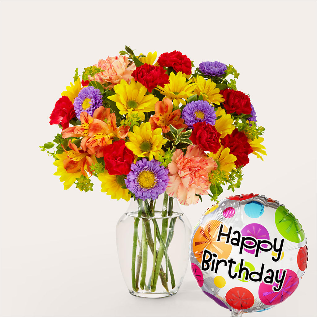 Kaleidoscope Bouquet with Birthday Balloon – Lumaya Florals, Rock Hill SC
