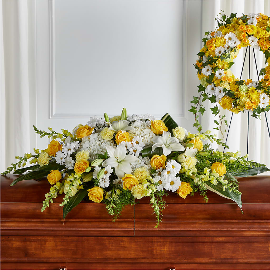 Golden Harmony Casket Spray – Lumaya Florals, Rock Hill SC