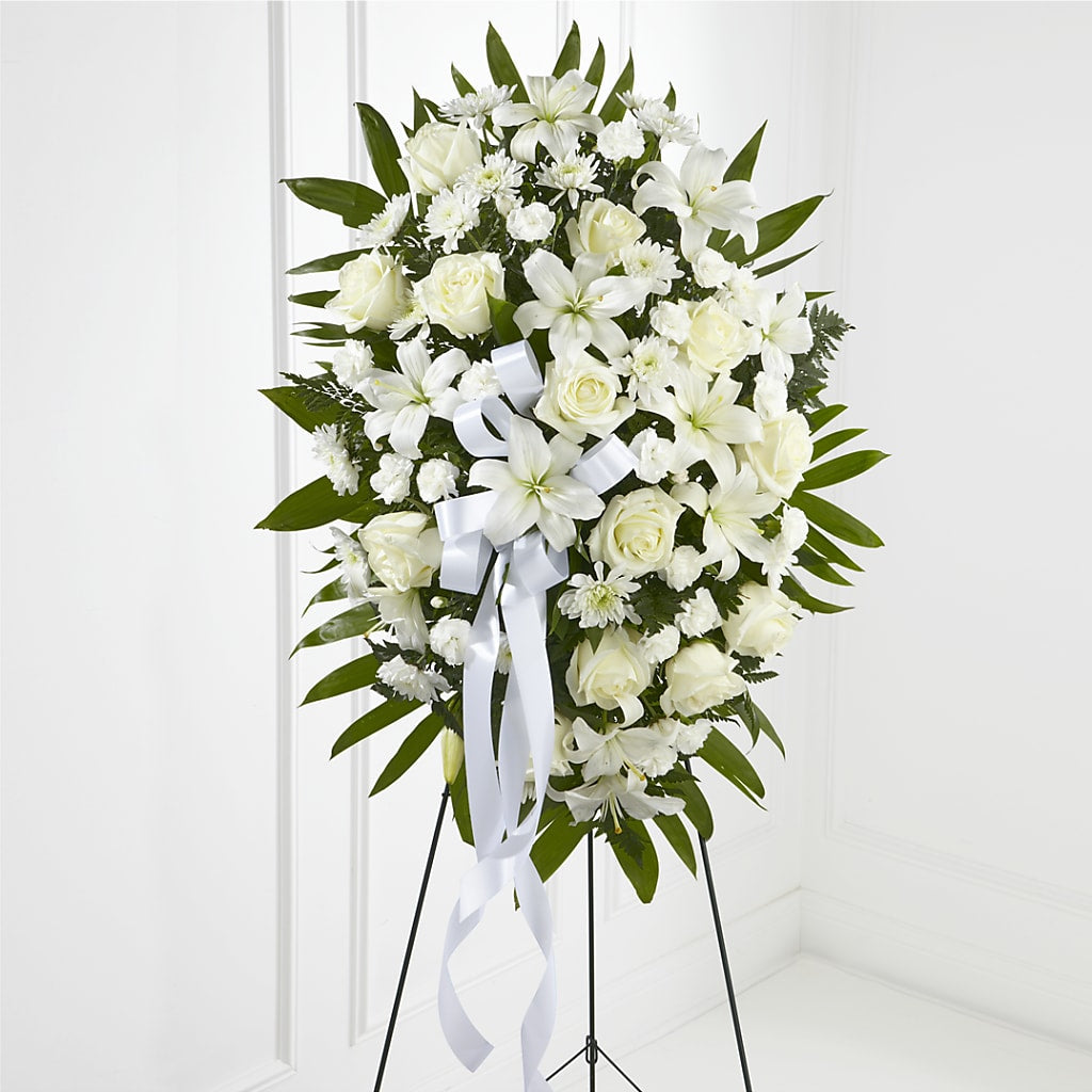 Exquisite Tribute Standing Spray-White Ribbon – Lumaya Florals, Rock Hill SC